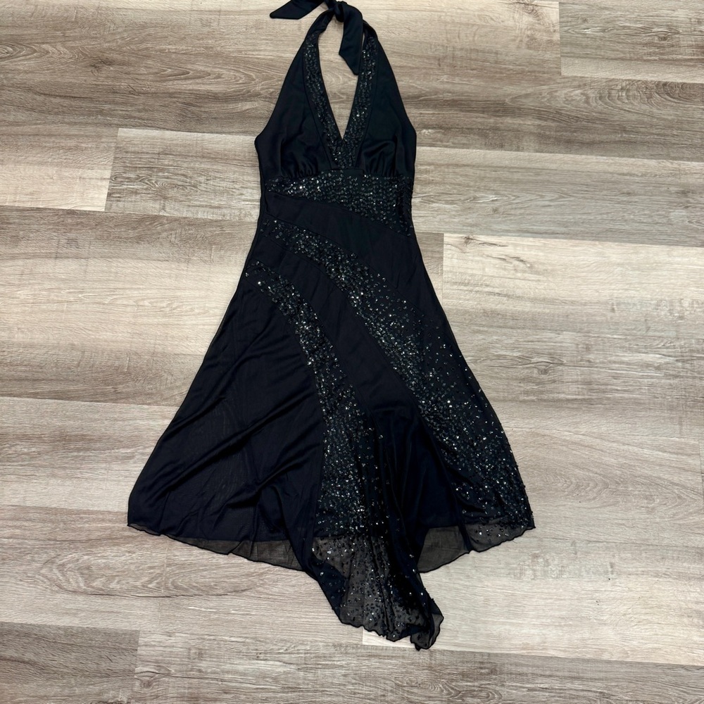 Y2K Rampage Black Halter Dress Asymmetrical Womens Small Sequined Fairy